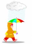 Girl Wears Raincoat Walking In The Rain Stock Photo