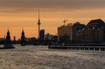 Berlin Oberbaumbrucke With Tv Tower At Sunset Stock Photo