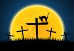 Halloween Growl Black Cat Cross Moon Graveyard Stock Photo