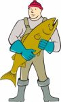 Fishmonger Standing Salmon Fish Cartoon Stock Photo