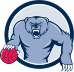 Grizzly Bear Angry Dribbling Basketball Cartoon Stock Photo