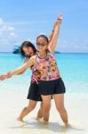Mother And Daughter On The Beach At Similan Islands, Thailand Stock Photo