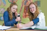 Two Dutch Teenage Girls Measuring Blood Pressure In Biology Less Stock Photo