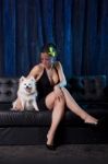 Sexy Widow Woman In Black Dress Holding And Looking On White Dog Stock Photo