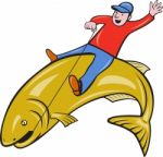 Fisherman Riding Jumping Trout Fish Stock Photo