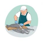 Fishmonger Cutting Fish Cartoon Stock Photo
