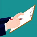Hand Holding Pen, Pencil With Clipboard- Illustration Stock Photo
