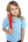Straight Faced Kid Holding Huge Red Pencil Stock Photo