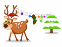 A reindeer hanging ornaments and Christmas stockings from his antlers stock photo