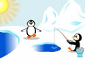 Penguin fishing through a hole in the ice stock photo