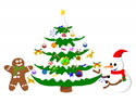A snowman and a gingerbread man decorating a Christmas tree stock photo