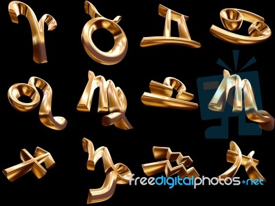 12 Signs Of Zodiac In Gold Stock Image