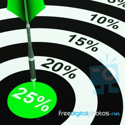 25 Percent On Dartboard Showing Won Reductions Stock Image