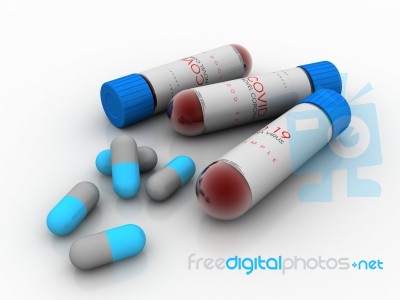 3d Illustration Covid 19 Blood Testing Sample Bottle With Pill Stock Image