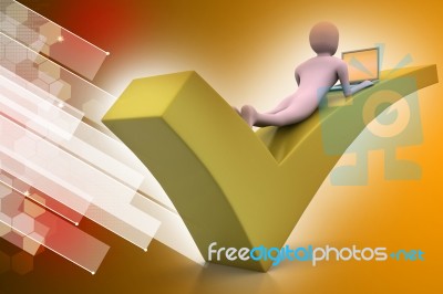3d Man With Laptop Lying On The Right Mark Stock Image