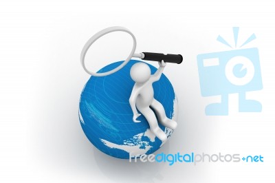 3d Man With Magnifying Glass Searching Globe Stock Image