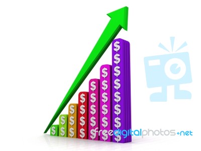 3d Rendered Arrow Diagram Moving Up Over Dollar Graph Bar Stock Image