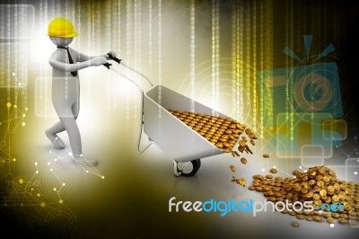 3d White Man Carries A Wheelbarrow Of Gold Coins Stock Image