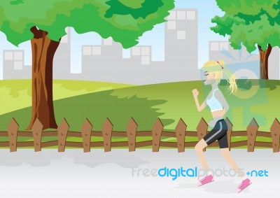 A Girl Is Jogging In A Park Stock Image