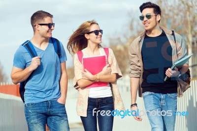 A Group Of Friends Talking In The Street After Class Stock Photo