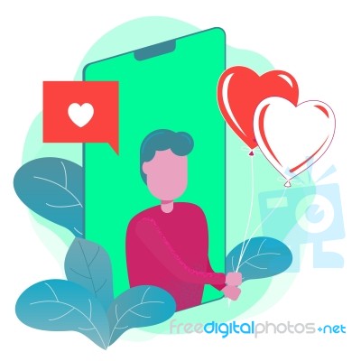 A Man Giving Heart Balloon From Smart Phone -  Illustratio Stock Image