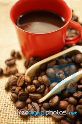 A Red Cup And Coffee Beans Stock Photo