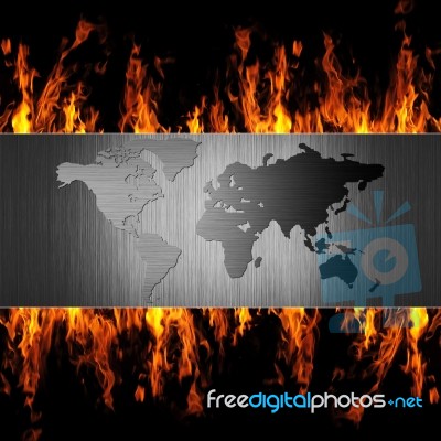 Abstract Metal World Map On Fire Flame Stock Image