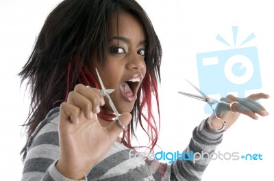 African Female With Scissors Stock Photo