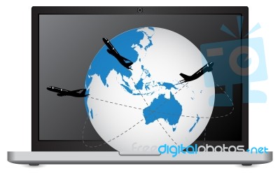 Airplane Travel Around The World On Laptop Stock Image