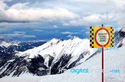 Alp Mountains View With A Sign Stock Photo
