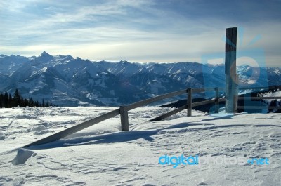Alp Mountains Winter View With Blue Sky Stock Photo