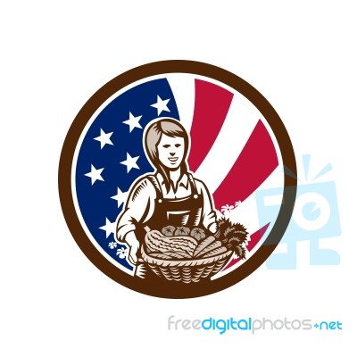 American Female Organic Farmer Usa Flag Icon Stock Image