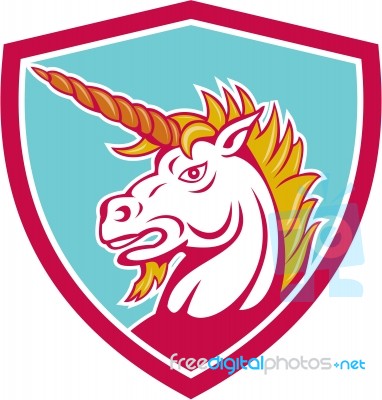 Angry Unicorn Head Shield Cartoon Stock Image