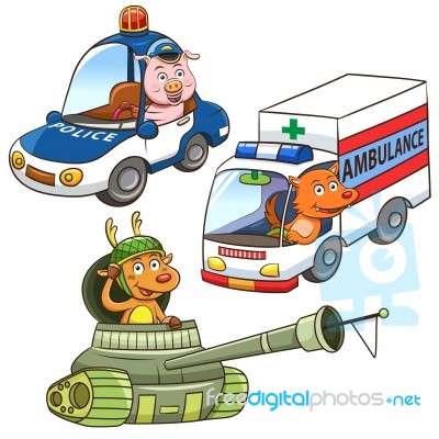 Animal Vehicle Occupation Cartoon Stock Image