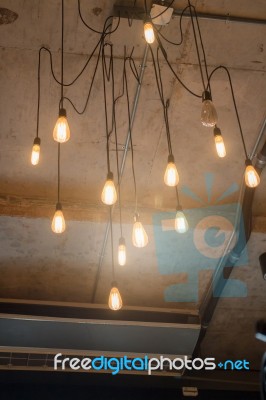 Antique Light Bulbs Hanging On The Ceiling Stock Photo Royalty