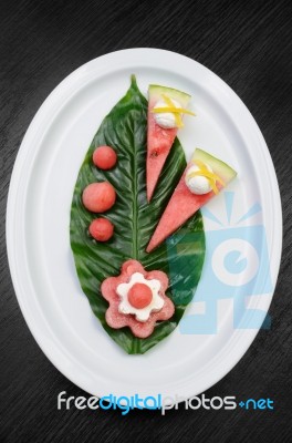 Appetizer Of Watermelon With Ricotta Stock Photo