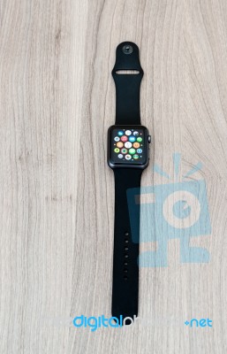 Apple Watch Sport On The Table With App Screen Stock Photo