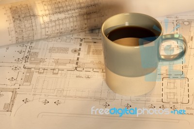 Architectural Work And Coffee Stock Photo