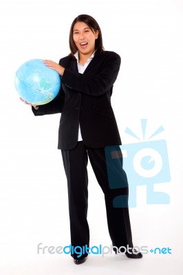 Asian Businesswoman With Globe Stock Photo