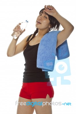 Asian Lady Holding Water Bottle Stock Photo