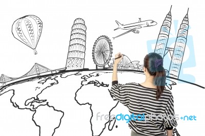 Asian Woman Drawing Or Writing Dream Travel Around The World Stock Photo