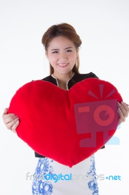 Asian Woman Holding A Red Heart Stock Photo