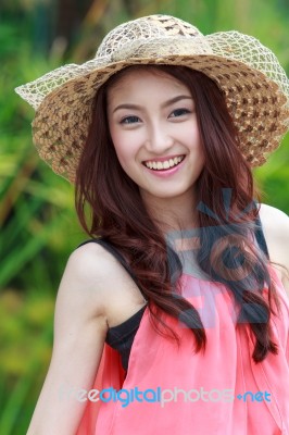 Asian Woman Wearing A Cute Hat Fashion Stock Photo
