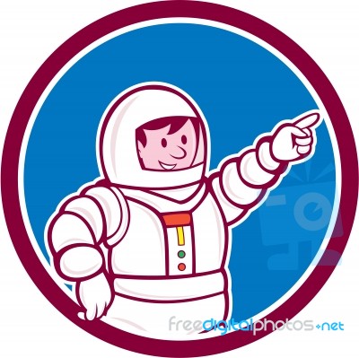 Astronaut Pointing Front Circle Cartoon Stock Image
