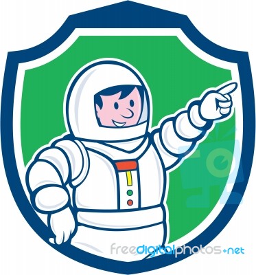 Astronaut Pointing Front Shield Cartoon Stock Image