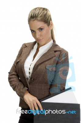 Attractive Woman Standing With File Stock Photo