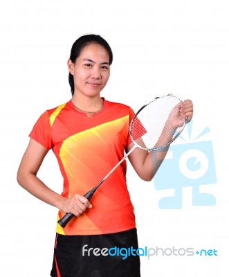 Badminton Player Isolated On White Background Stock Photo