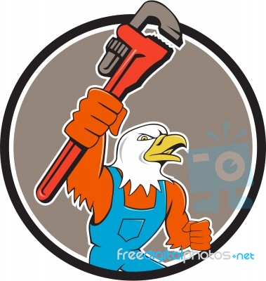 Bald Eagle Plumber Monkey Wrench Circle Cartoon Stock Image