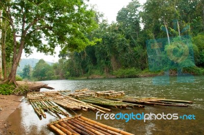 Bamboo Raft Floating In River Stock Photo