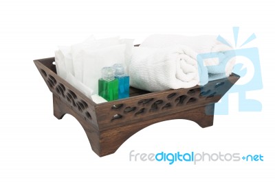 Bath Accessory In Craft Basket On White Background Stock Photo